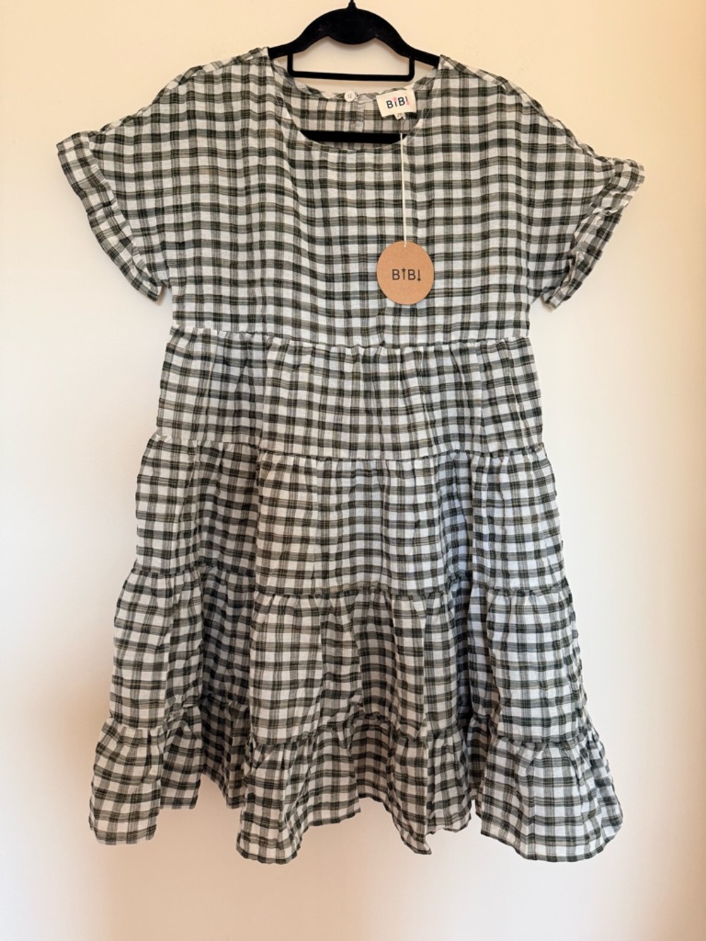 BiBi Olive and White Gingham Tiered Short-Sleeve Mini Dress
